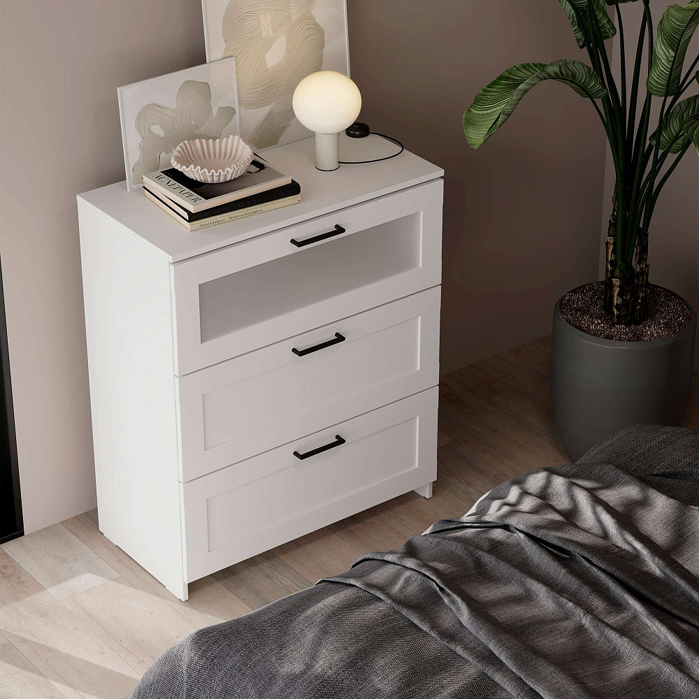 Комод 3 ящика со стеклом Нави белый (2.15.02.020.1 RU)